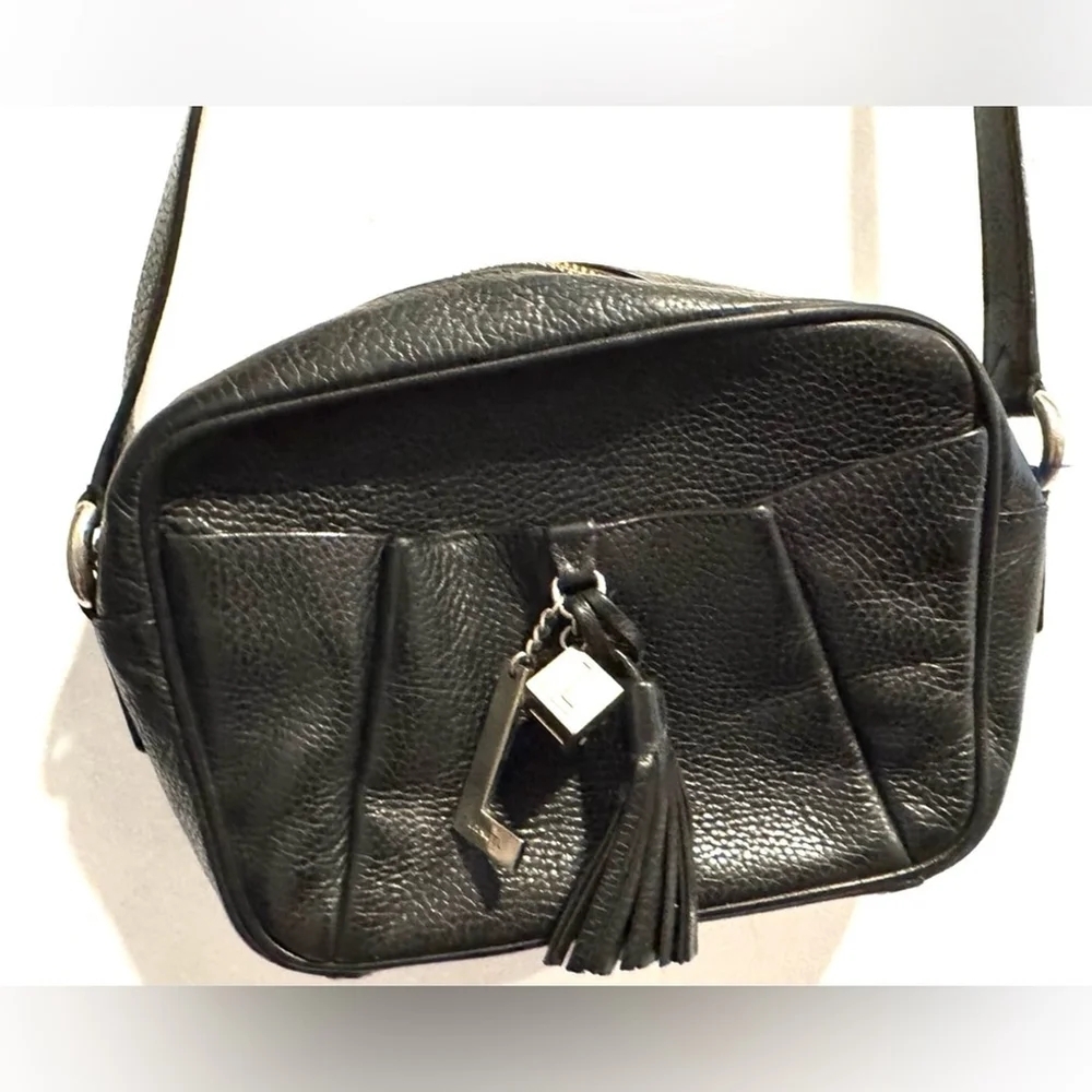 LANCEL Paris sac nine crossbody shoulder pebbled leather black zipper logo charm